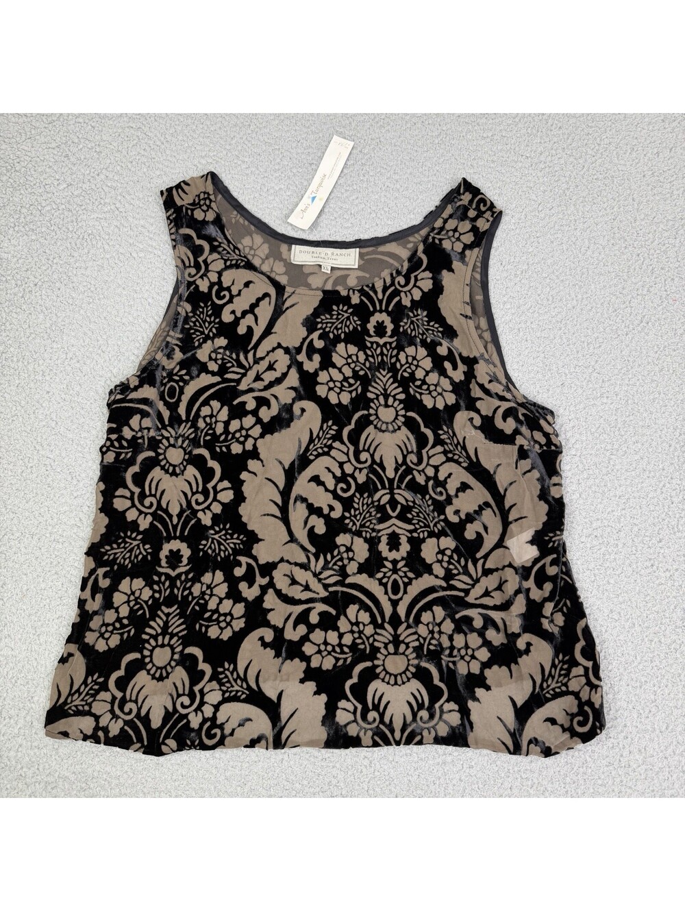 Double D Ranch Brown Velvet Sheer Tank Crop Western Floral XL Silk Blend